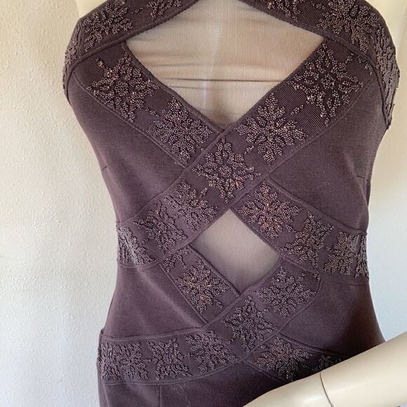 CACHE Stretch sleeveless cut out mesh maxi evening dress beaded comfy brown 8 - Picture 11 of 16